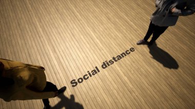 Bir zemin zemininde sosyal mesafe yönergelerini takip eden insanların buluşmalarının kavramsal veya kavramsal 3d illüstrasyonu. Tecrit sırasındaki şirket ilişkilerindeki değişiklikle ilgili bir metafor..