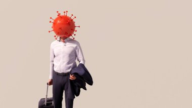 Gri arka planda bavulu ve koronavirüsü olan bir iş adamının ekonomi, finans ve yatırım üzerindeki tecridin etkilerinin bir metaforu olarak kavramsal veya kavramsal 3D çizimi