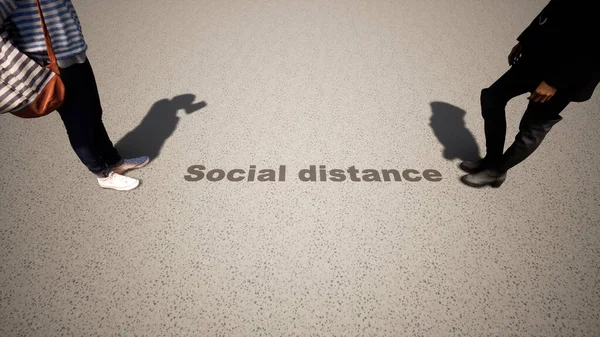 床の背景に社会的距離のガイドラインに従って会う人々の概念や概念的な3Dイラスト ロックダウン中の会社関係の変化の比喩 — ストック写真