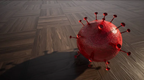 Concept or conceptual red 3d illustration of coronavirus on wooden floor background as a warning for global outbreak and the danger of transmission of this deadly infectious respiratory disease