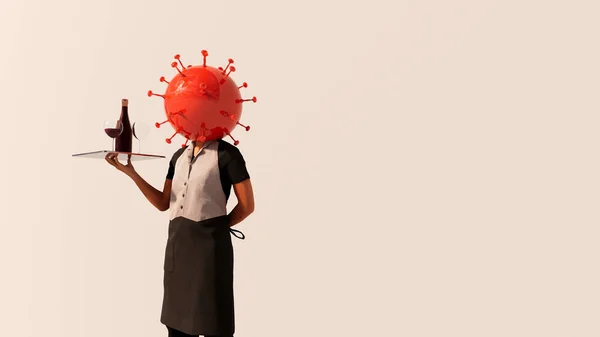 Concepto Ilustración Conceptual Una Camarera Sirviendo Una Bebida Coronavirus Sobre — Foto de Stock