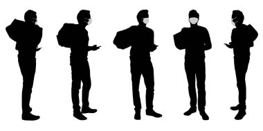 Koronavirüs kirlenmesine karşı korunma ve önleme amacıyla sosyal mesafeler kat ederek seyahat eden vektör kavramsal siluet adamları. Yeni normal için bir metafor..