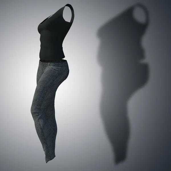 Conceptual fat overweight obese shadow female jeans undershirt vs slim fit healthy body after weight loss or diet thin young woman on gray. Fitness, nutrition or obesity health shape 3D illustration