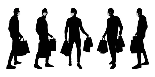 Vektör Konsepti Kavramsal Siluet Erkekler Alışveriş Yaparken Sosyal Uzaklık Önleme — Stok Vektör