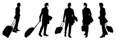 Koronavirüs kirlenmesine karşı korunma ve önleme amacıyla sosyal mesafeler kat ederek seyahat eden vektör kavramsal siluet adamları. Yeni normal için bir metafor..