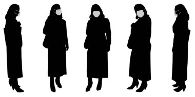 Koronavirüs kirlenmesine karşı korunma ve önleme amacıyla sosyal mesafeyi korumak amacıyla çalışan vektör kavramsal siluet kadınları. Yeni normal için bir metafor..