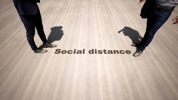 木製の床の背景に社会的距離のガイドラインに従って会う2人の男性の概念または概念的な3Dイラスト ロックダウン中の会社関係の変化の比喩 — ストック写真