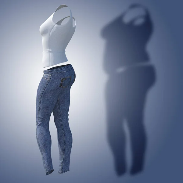 Konzeptionelle Fett Übergewichtig Fettleibige Schatten Weibliche Jeans Unterhemd Schlank Fit — Stockfoto