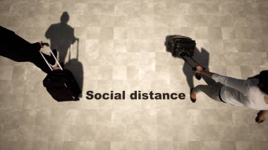 Bagajı olan insanların kavramsal ya da kavramsal 3d çizimi, önleme ve koronavirüs kirlenmesine karşı koruma amacıyla sosyal uzaklık. Tecrit sırasındaki turizm değişiminin bir metaforu