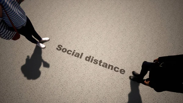 木製の床の背景に社会的距離のガイドラインに従って会う2人の女性の概念や概念的な3Dイラスト ロックダウン中の会社関係の変化の比喩 — ストック写真