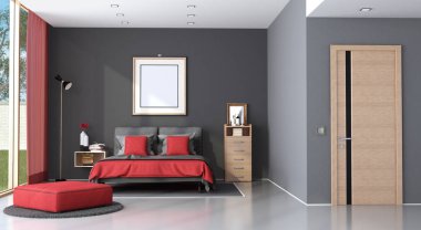 Modern yatak odası Çift Kişilik Yatak, göğüs çekmece ve kapalı kapı - 3d render ile