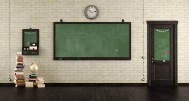 Blackboards.wooden kapı ve parke zemin - 3d render kitapları ile boş retro sınıf