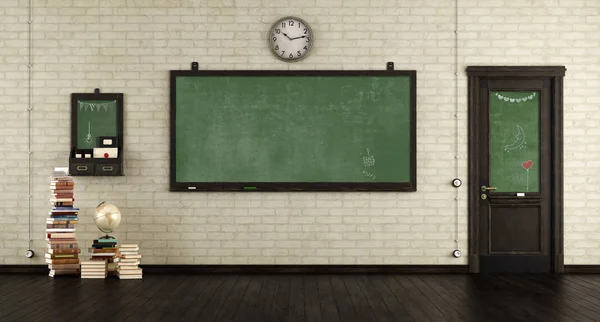 Pustej Sali Retro Blackboards Wooden Drzwi Książek Drewnianą Podłogę Renderowania — Zdjęcie stockowe