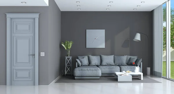 Blaues Und Graues Wohnzimmer Mit Klassischem Sofa Und Geschlossener Tür — Stockfoto