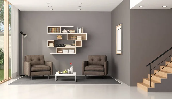 Salón Moderno Con Dos Sillones Librería Escalera Madera Renderizado — Foto de Stock