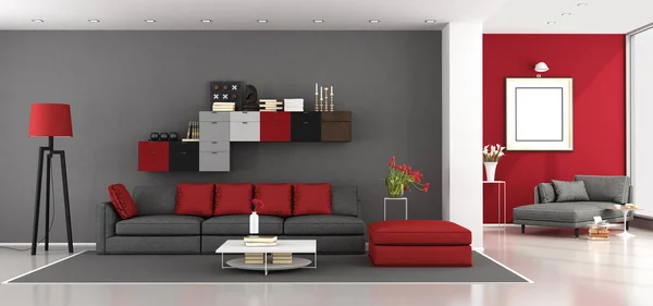 红色和灰色现代客厅与沙发和贵妃休息室在背景 — 图库照片