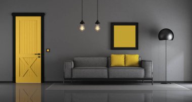 Sarı ve gri minimalist ve oturma odası kanepe kapalı kapı - 3d render