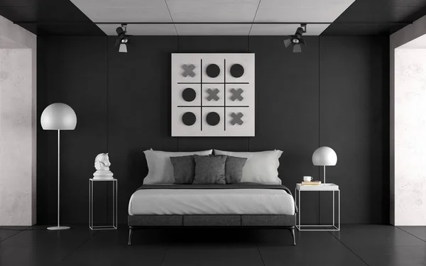 Zwart Wit Master Slaapkamer Met Minimalistische Meubelen Betonwanden Rendering — Stockfoto