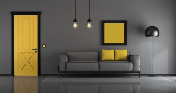 黄色和灰色简约的客厅与沙发和闭合的门 — 图库照片