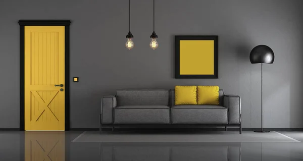 Amarelo Cinza Minimalista Sala Estar Com Sofá Porta Fechada Renderização — Fotografia de Stock