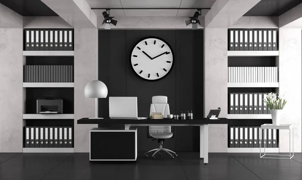 ノート パソコン デスクと書棚の レンダリングと黒と白のシンプルなオフィス — ストック写真