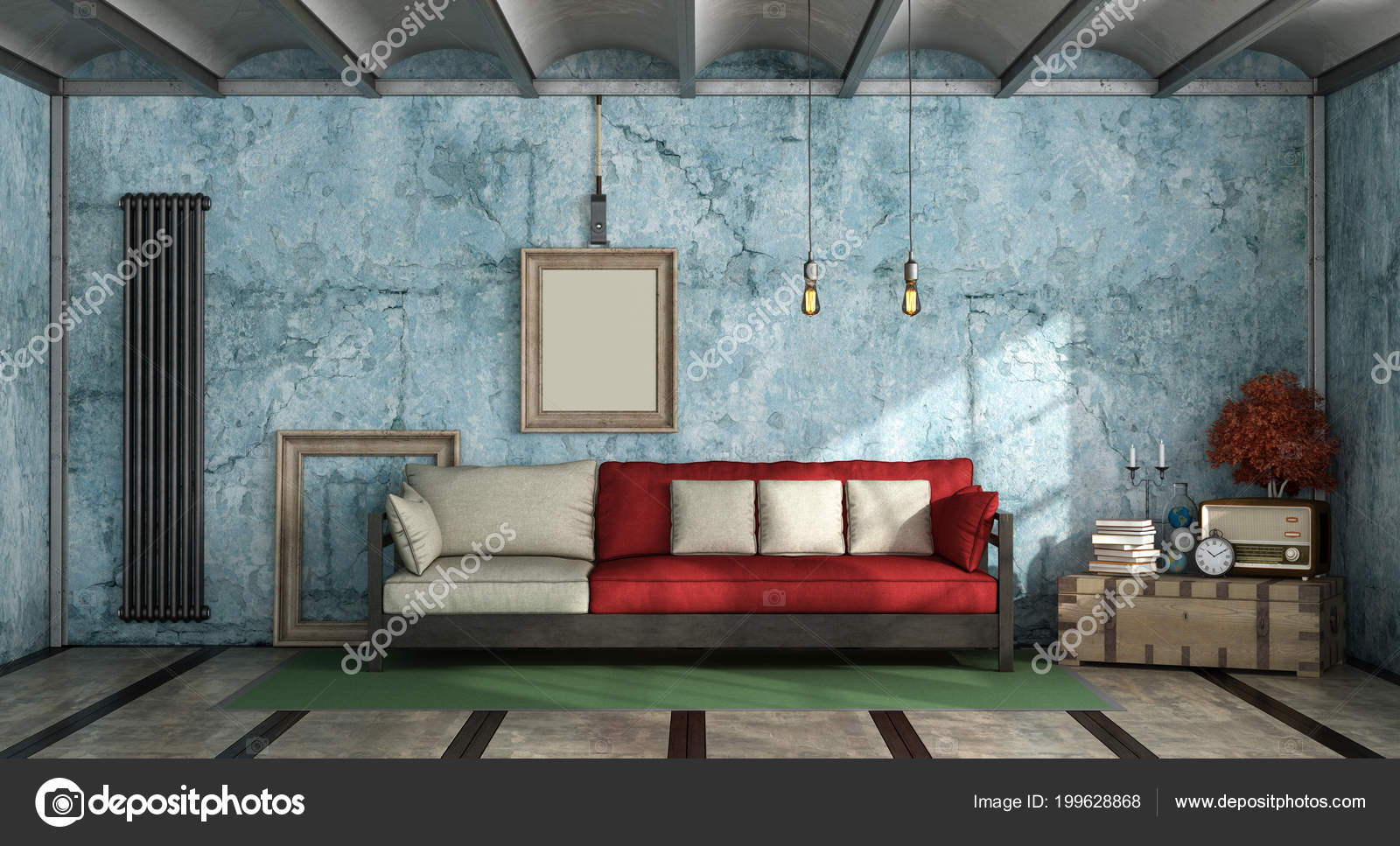 Colorful Living Room Industrial Style Sofa Old Blue Wall Rendering Stock  Photo by ©archideaphoto 199628868