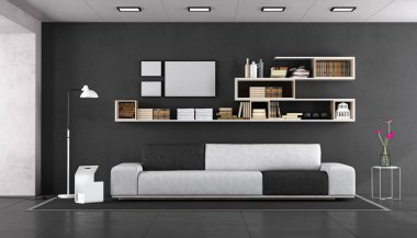 Siyah ve beyaz kumaş koltuk ve kitaplık duvar - 3d render ile modern yaşam