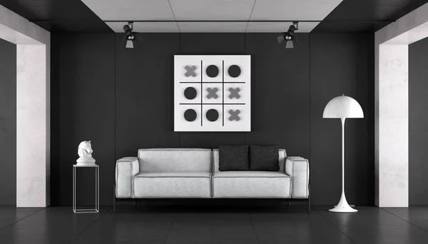 Minimalistiskt Vardagsrum Med Modern Soffa Och Golvlampa Mot Svart Cement — Stockfoto