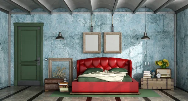 Buntes Schlafzimmer Retro Stil Mit Doppelbett Aus Leder Und Geschlossener — Stockfoto