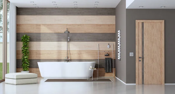Banheiro Contemporâneo Com Banheira Contra Parede Madeira Renderização — Fotografia de Stock