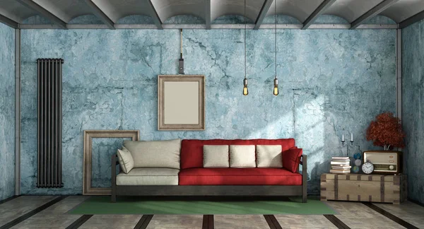 Camera Colorată Stil Industrial Canapea Împotriva Redării Vechi Peretelui Albastru — Fotografie, imagine de stoc