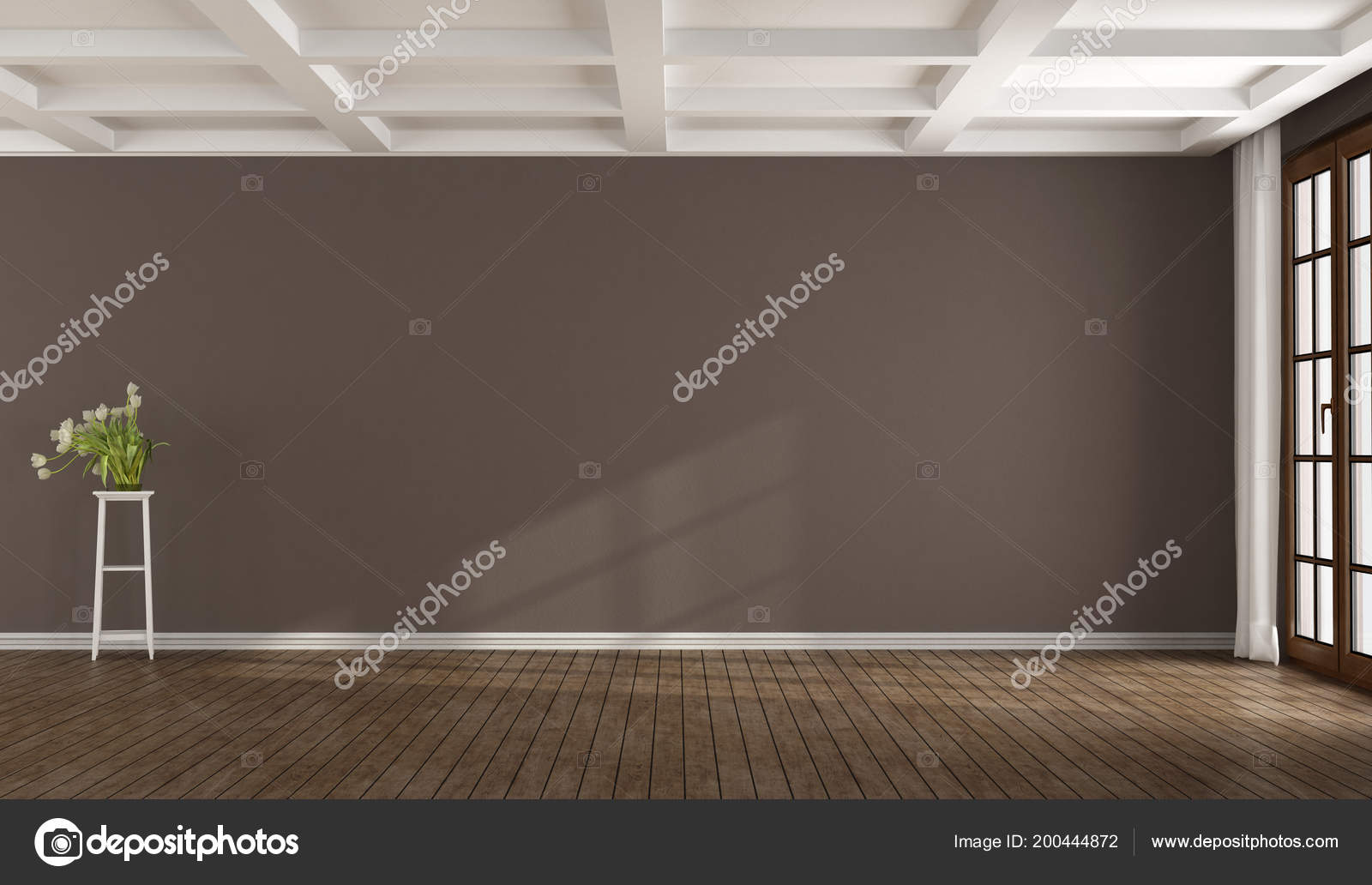 Empty Brown Room Window White Coffered Ceiling Rendering