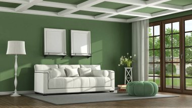 Beyaz kanepe ve ahşap pencere - 3d render yeşil klasik oturma odası
