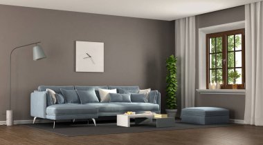 Açı kanepe ve ahşap pencere - 3d render ile kahverengi ve blu zarif oturma odası