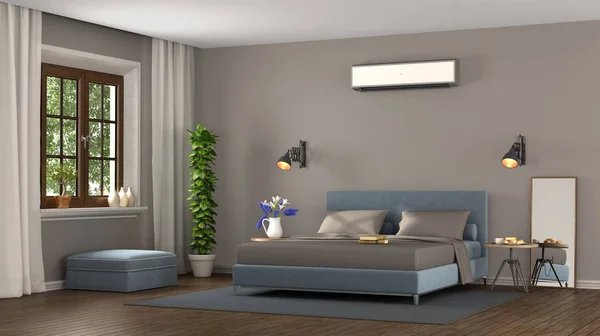 Blaue Und Braune Moderne Schlafzimmer Mit Klimaanlage Rendering — Stockfoto