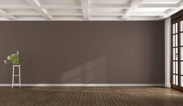 Leeres Braunes Zimmer Mit Fenster Und Weißer Kassettendecke Rendering — Stockfoto