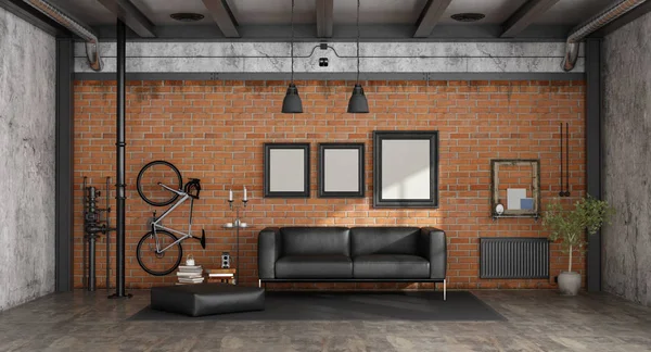 Sala Estar Loft Con Sofá Negro Contra Pared Ladrillo Renderizado — Foto de Stock