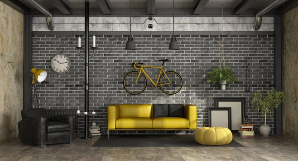 Sala Estar Moderna Sótão Com Sofá Poltrona Bicicleta Pendurado Parede — Fotografia de Stock