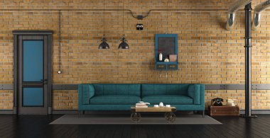Bir çatı ile tuğla duvar ve kapalı kapı - 3d işleme karşı mavi kanepe oturma odasında