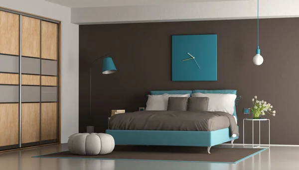 Camera Matrimoniale Moderna Blu Marrone Con Letto Matrimoniale Armadio Rendering — Foto Stock