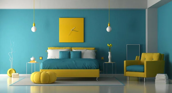 Dormitorio Principal Azul Amarillo Con Cama Doble Sillón Representación — Foto de Stock