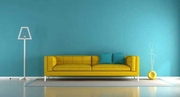 Sala Estar Minimalista Azul Amarelo Com Sofá Tecido Lâmpada Assoalho — Fotografia de Stock