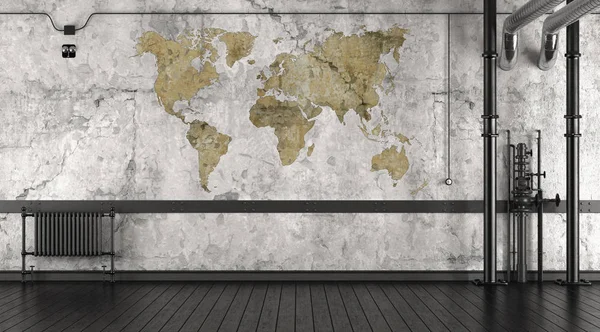 Empty Room Loft World Map Wall Rendering — Stock Photo, Image