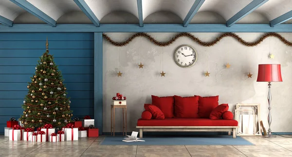 Sala Estar Estilo Rústico Com Decoração Natal Renderização — Fotografia de Stock