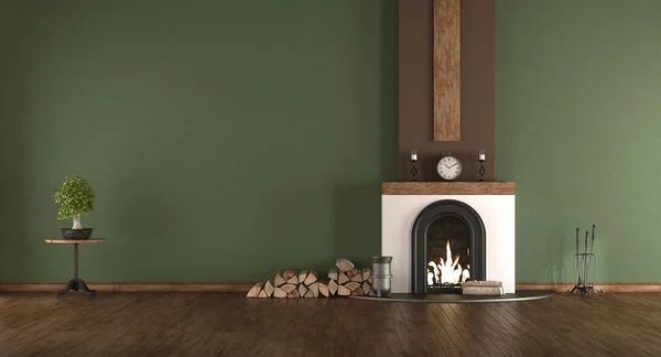 Empty Green Room Fireplace Hardwood Floor Rendering — Stock Photo, Image