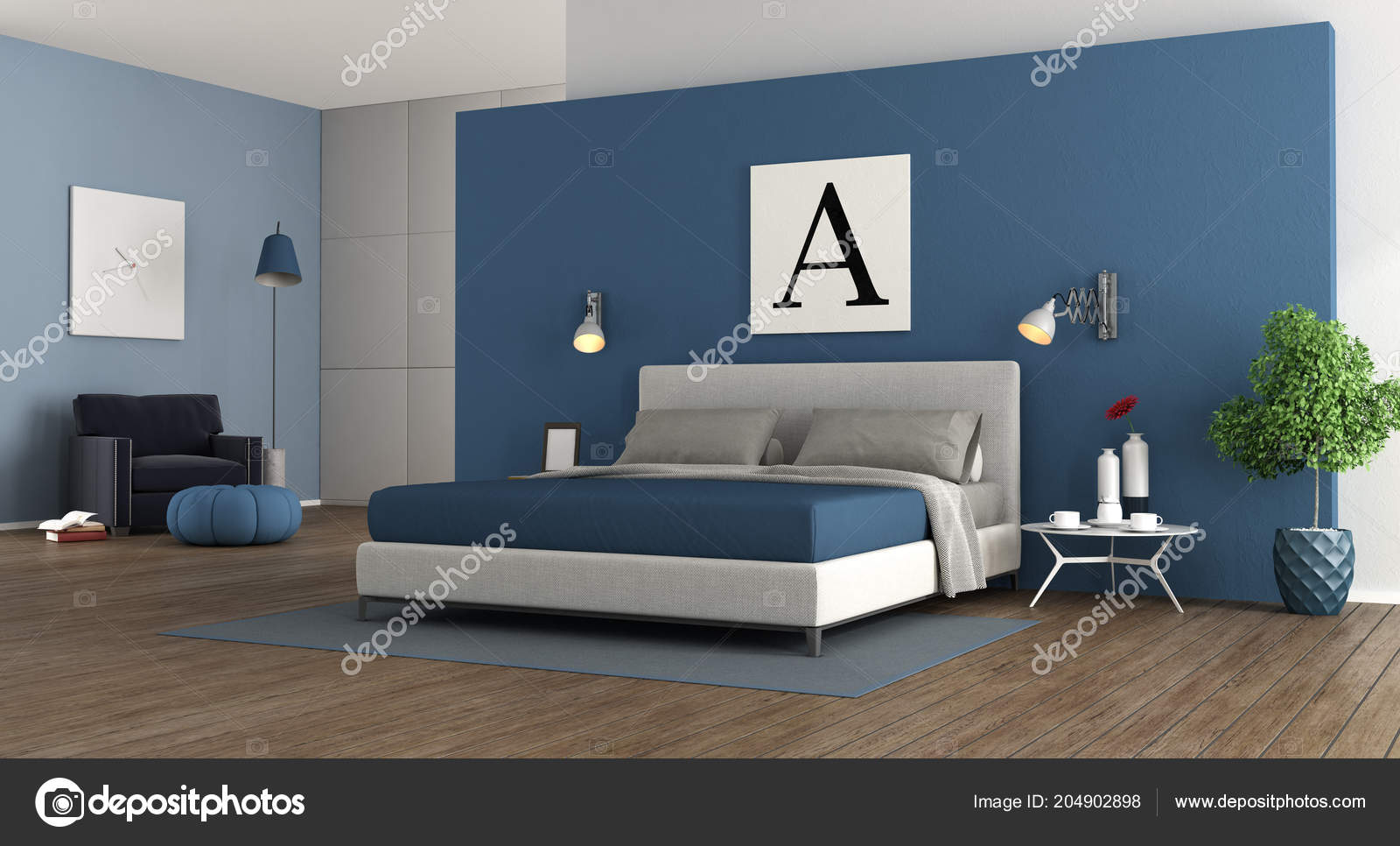 Blue Modern Master Bedroom Double Bed Wardrobe Armchair