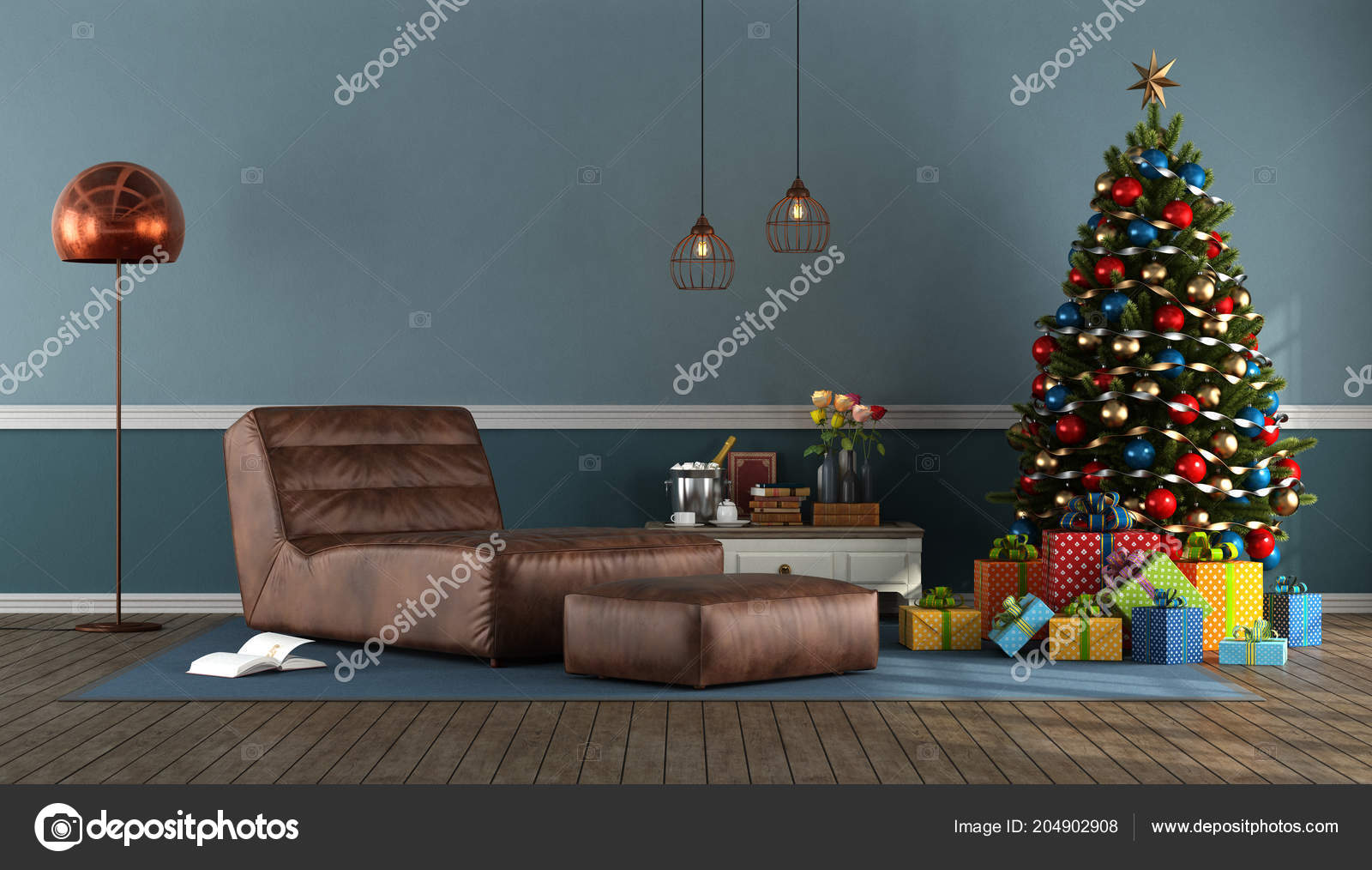 Blue living room with Christmas tree present and leather chaise lounge 3d rendering — ZdjÄ™cie od archideaphoto