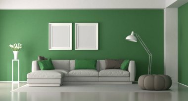 Zarif kanepe ve tabure - 3d render ile beyaz ve yeşil modern oturma odası