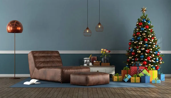 Blå Vardagsrum Med Granen Närvarande Och Läder Chaise Lounge Rendering — Stockfoto
