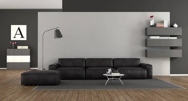 Siyah Deri Kanepe Beyaz Duvara Render Ile Minimalist Oturma Odası — Stok fotoğraf